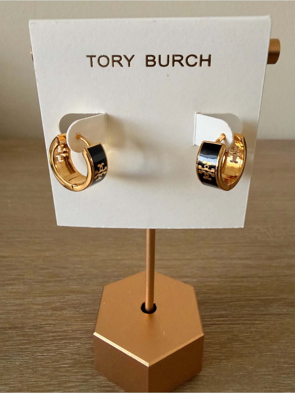 Tory Burch Icon Black Enamel Gold-Tone Huggie Hoop Earrings New